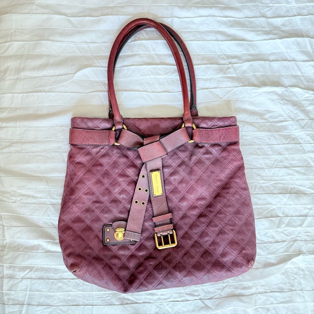 Marc Jacobs Purple Plum Quilted Leather Casey Tote Shoulder Bag Purse Gold